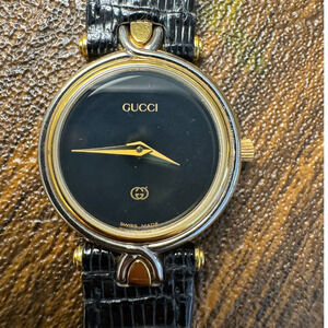 Gucci Women's Croc Embossed Leather Black and Gold Round Watch 4500L with Box